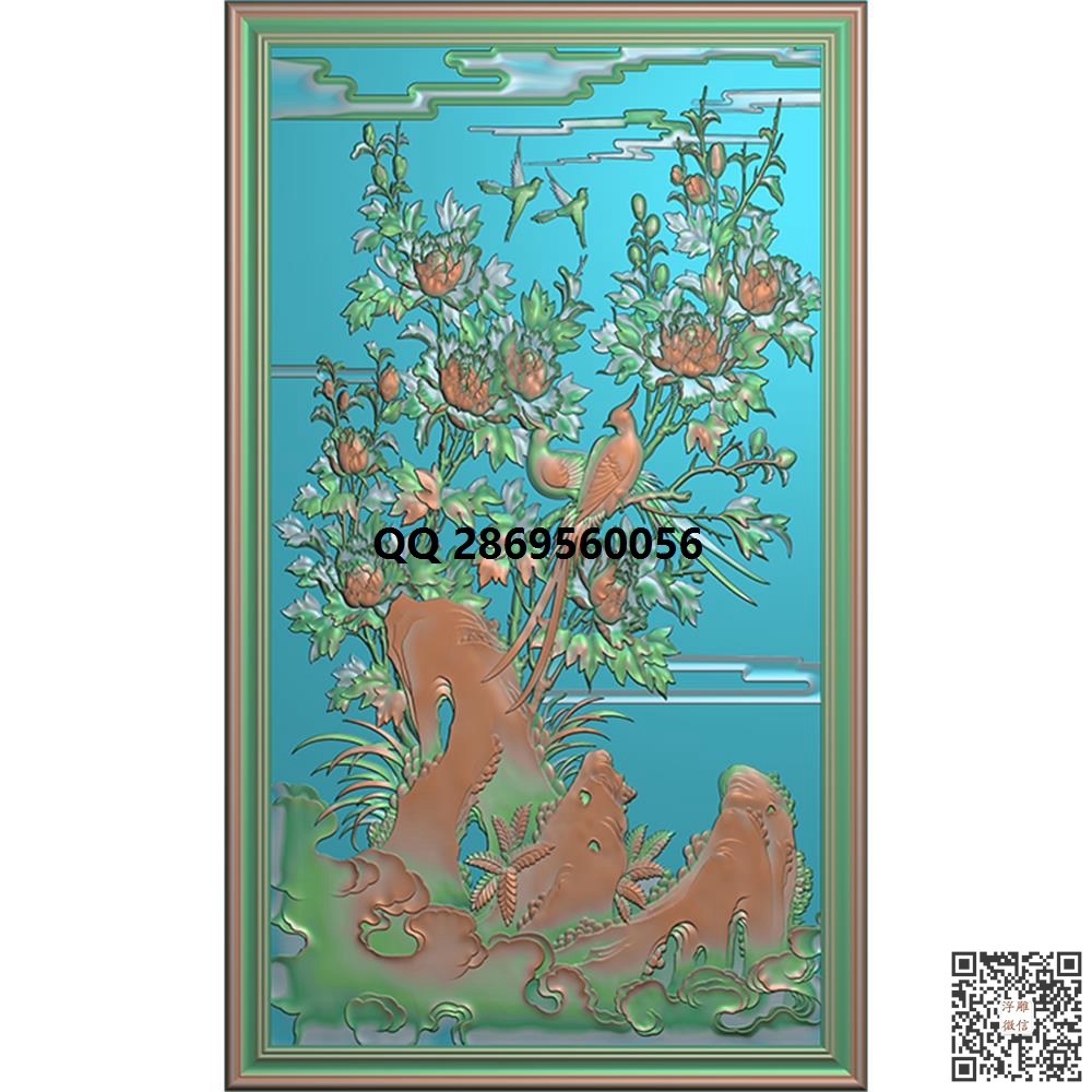 MDN-788牡丹 鸟 竖向_花草浮雕素材洋花四季花鸟精雕图浮雕图